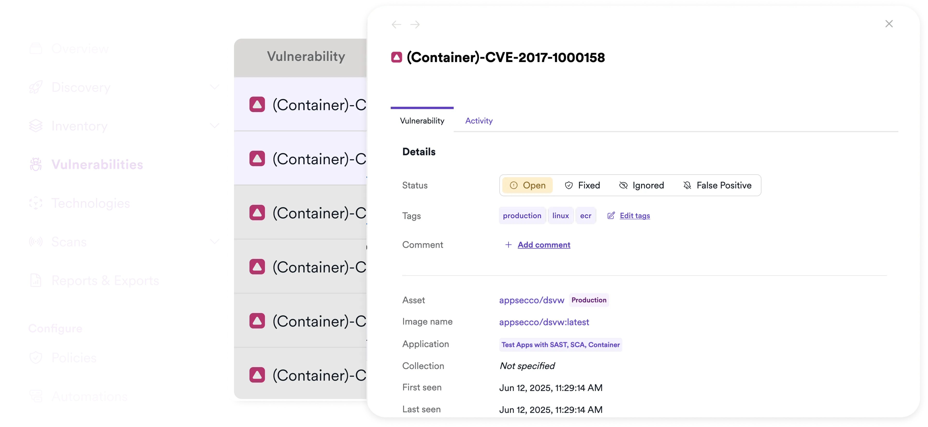 Container Security platform screenshot